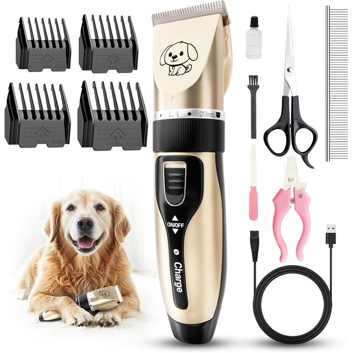 Машинка для стрижки собак, набір для грумінгу: 4 насадки, ножиці, гребінець, щітка