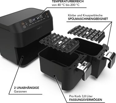 MAXXMEE аерофритюрниця з двома кошиками 7,6 л, цифрова, 2400 Вт, 6 програм, одночасне приготування двох страв