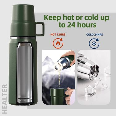 Термокружка-термос 850 мл з чашкою, нержавіюча сталь, з ізоляцією, для напоїв, 12 годин теплий/24 години холодний, без BPA, для відпочинку на природі, кемпінгу (зелений)
