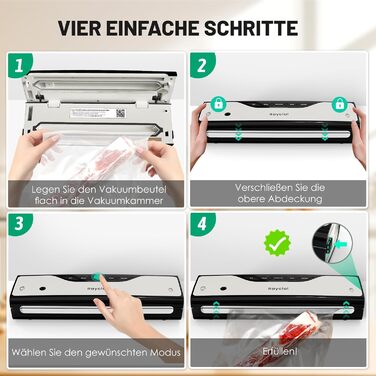 Вакуумний пакувальник Raycial 5-в-1: для сухої/вологої їжі, консервів, з набором пакетів та ріжучим ножем, чорний