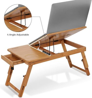 Бамбуковий портативний стіл-підставка для ноутбука з ящиком та вентиляційними отворами, регульований, багатофункціональний для ліжка та дивану