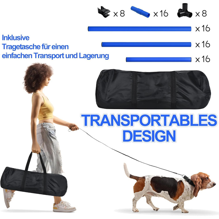 Набір для аджиліті для собак: перешкоди, стрілки, обладнання для тренувань. Регульована висота, 104x70x101 см, зелений (блакитний)