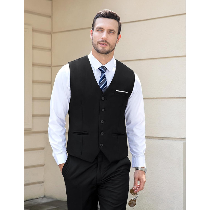 Жилет чоловічий Weste Herren однобортний Slim Fit V-подібний виріз однотонний чорний S-3XL