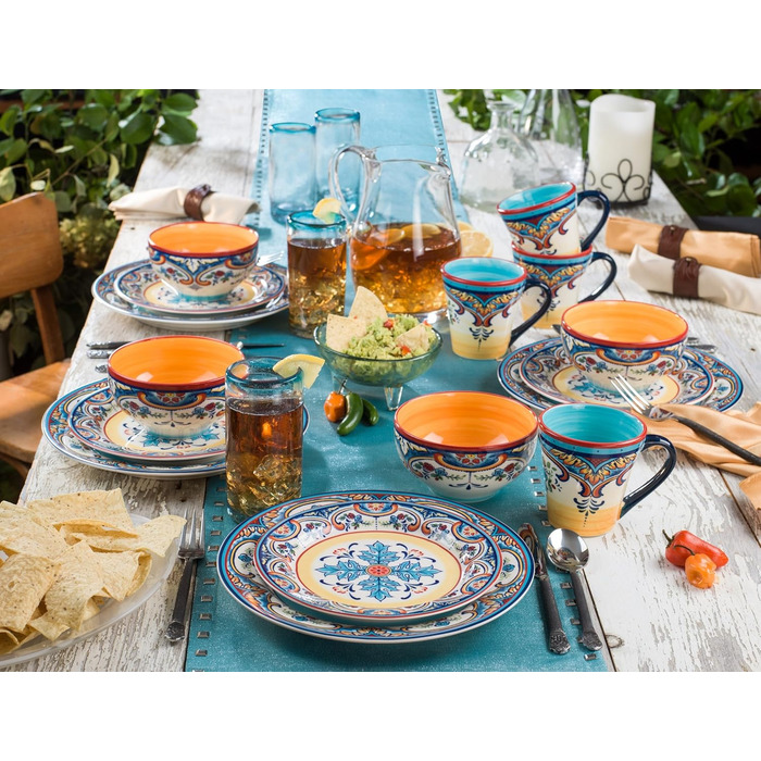 Набір посуду Euro Ceramica Zanzibar Collection, 16 предметів, для кухні та їдальні, на 4 особи, з іспанським квітковим візерунком, блакитно-жовтий посудовий набір