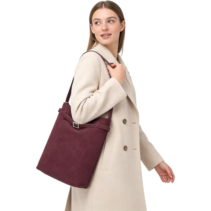 Сумка жіноча Miss Lulu велика шопер-тоут з м'якої PU шкіри, бордова (2-3)