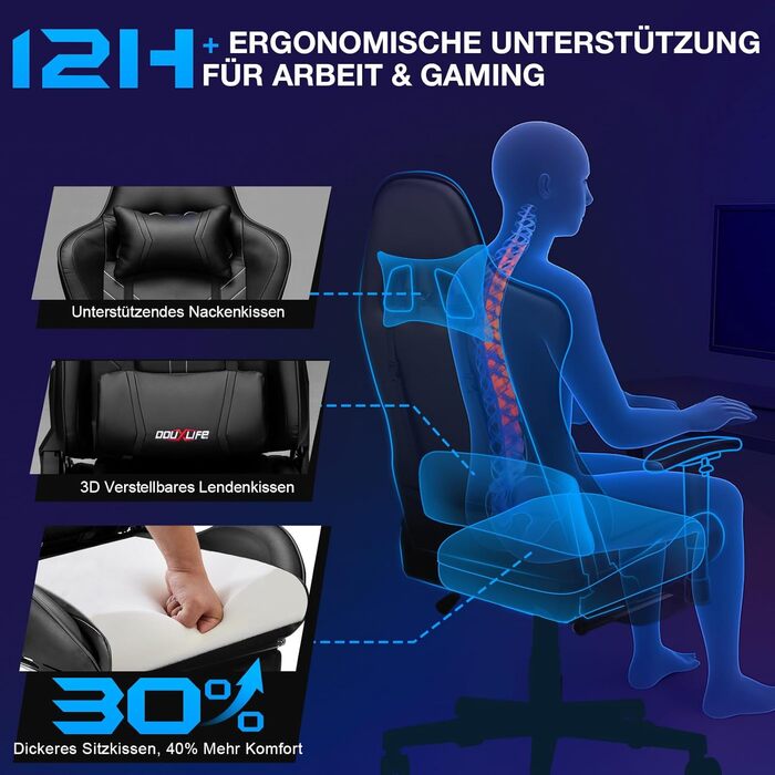 Ігровий крісло Douxlife з 7-точковим масажем, підставкою для ніг, ергономічний офісний крісло, регульована спинка 90-175°, регульовані 2D підлокітники, крісло для ПК Gamer, максимальне навантаження 150-180 кг, глибокий чорний колір