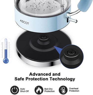 Електричний чайник ASCOT зі скла, 1,5L, блакитний, з функцією захисту від сухого кипіння та автоматичним вимкненням. Ідеальний подарунок для чоловіків, жінок та сім'ї.
