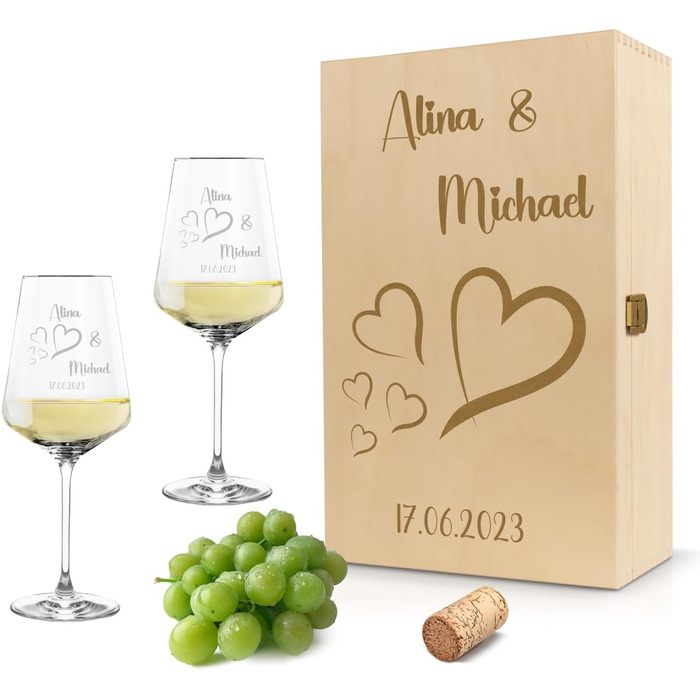 Leonardo Wine Glasses Set of 2 with Wooden Box and Engraving for Him & Her. Only Love Matters. Personalized with Name & Date. Heart-Shaped Glass Leonardo Puccini 560ml