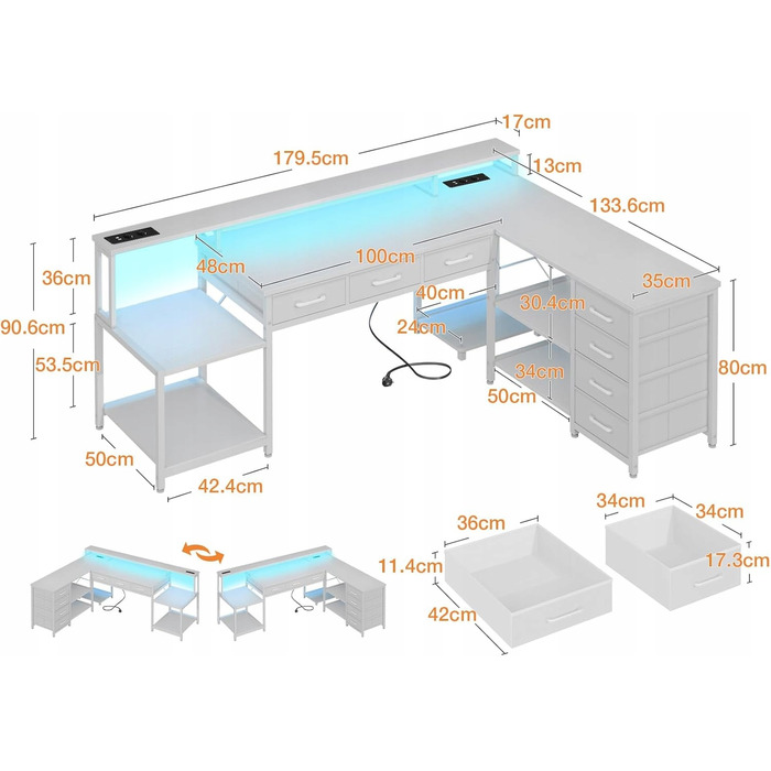 Кутовий ігровий стіл L-подібний, білий, з 7 шухлядами та LED-підсвіткою