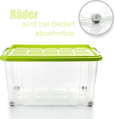 BigDean 2-Pack 60L Storage Boxes with Lid, Large Transparent - Stackable, Robust Box, BPA-Free - Rollable Stack Box with Secure Click Closures - Made in Germany (Green)