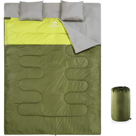 Спальний мішок Oaskys для двох дорослих з подушками – Queen Size XL, водовідштовхуючий, для всіх сезонів, кемпінг, подорожі, 59x86.6 дюймів, оливковий