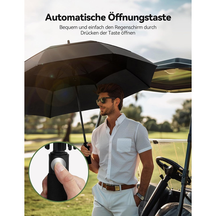 TECKNET Парасолька велика XXL, гольф-парасолька 173 см, штормостійка з подвійною конструкцією, вентильована, з ручкою EVA, для жінок та чоловіків (глибокий чорний, 163 см)