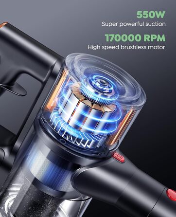 SunSare Бездротовий акумуляторний пилосос 550W/45000Pa/60хв, з базою для зарядки, легкий, тихий, для твердих поверхонь, килимів та шерсті тварин