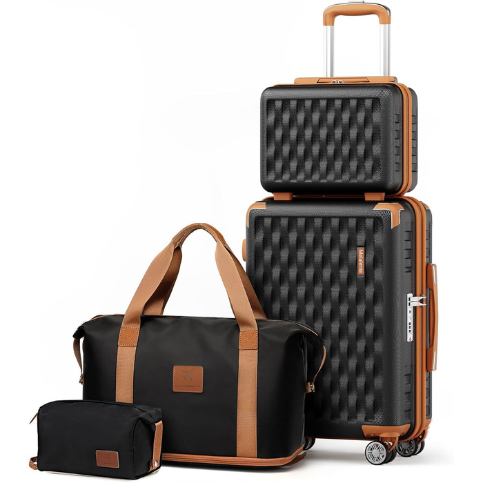 Набір валіз Melalenia 7 предметів: жорсткий корпус, легкі, з 4 колесами та TSA-замком. Включає косметичку, сумку для подорожей та кулькову косметичку (Чорний, 53см, ручна поклажа, 4 предмету)