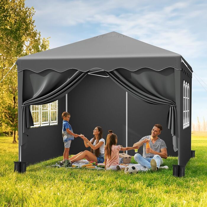 3x3 Gazebo, Waterproof Folding Gazebo Stable and Winter-Resistant, UV Protection 50+, 3x3 Folding Gazebo with 4 Side Walls, Height-Adjustable Garden Gazebo, Foldable Gazebo Tent for Camping, Parties (Gray)