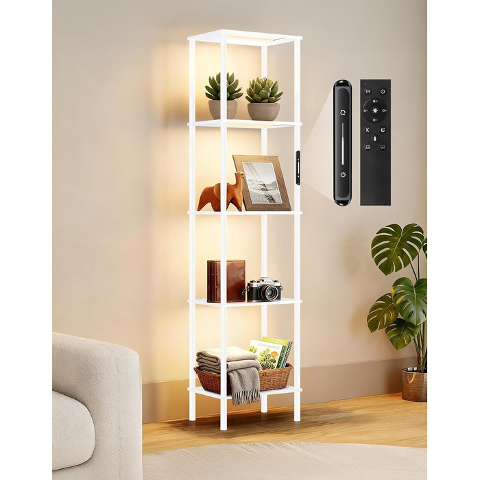 Стельова лампа з поличкою, LED, регулювання яскравості, 3 колірні температури, сенсорне управління та пульт, полиця для книг, дерев'яна, сучасний дизайн для вітальні, спальні, офісу (білий)
