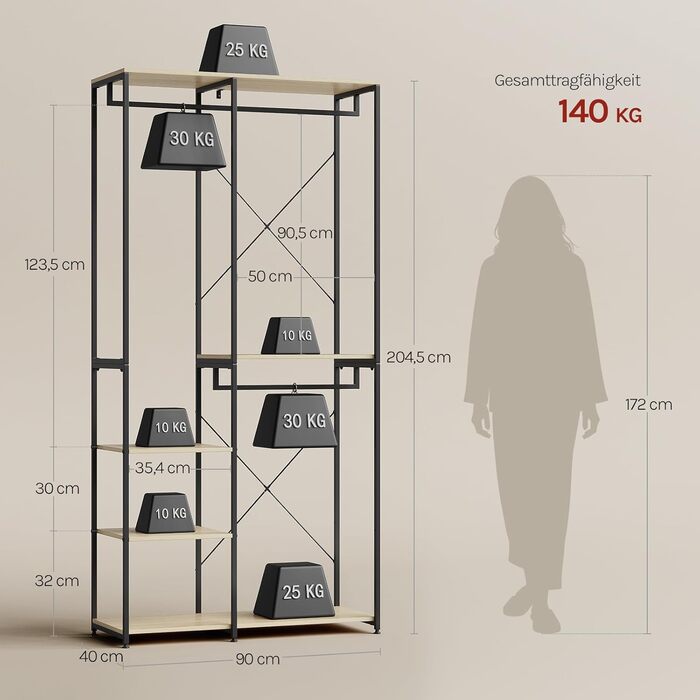 Вільна вішалка для одягу WOLTU з полицею, для спальні/коридору, стабільна, з дерева та металу, білий + світлий дуб (чорний + світлий дуб)