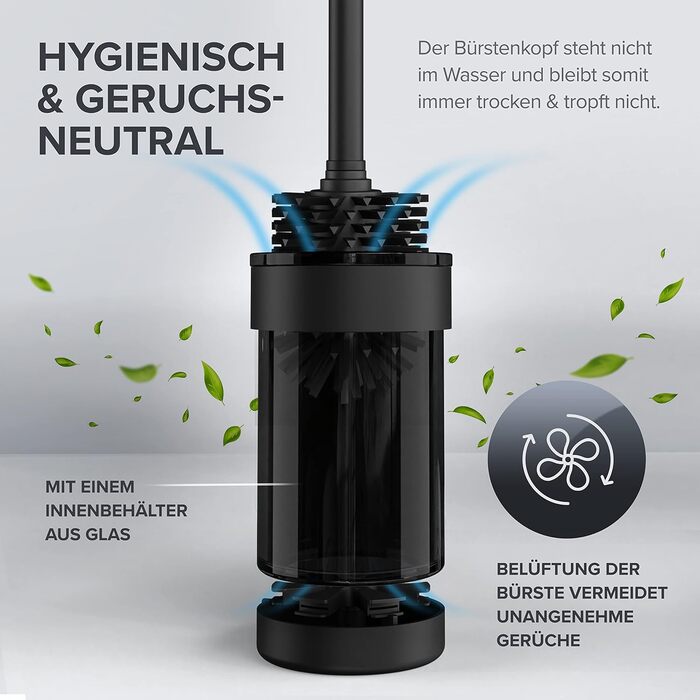 Настінна щітка для туалету Ovimar Finnkona чорного кольору з кріпленням без свердління, силіконова головка, функція вентиляції, для кріплення, з порошковим покриттям з нержавіючої сталі, змінна головка