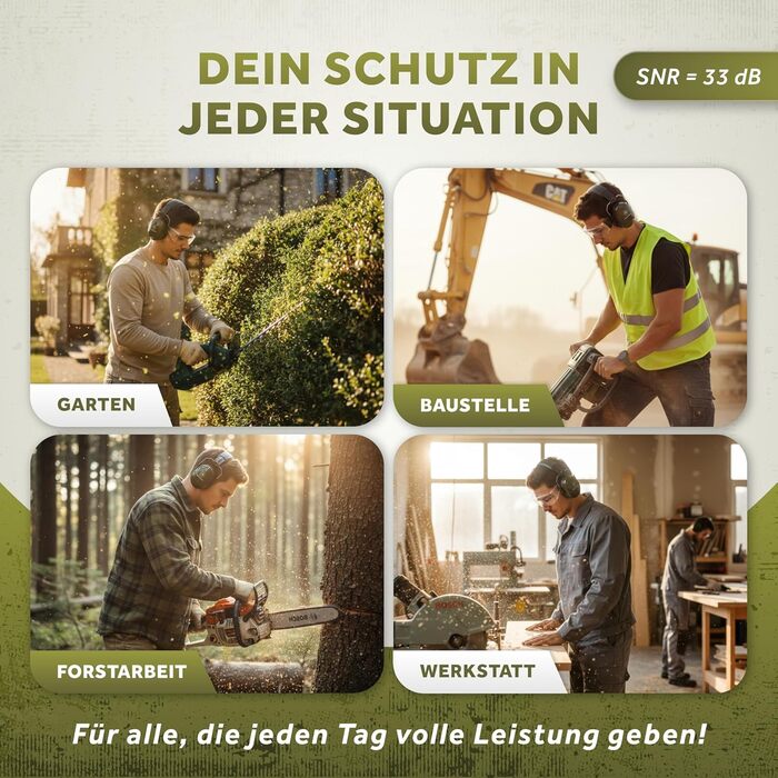 Schallwerk Work+ | Захист слуху для роботи – наголовники з регульованим розміром, високоякісні навушники для шумозаглушення – капелюхоподібні навушники для роботи та повсякденного використання (оливковий)