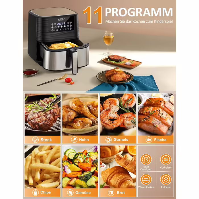 Innsky Hot Air Fryer 5.5L XXL, 1700W Hot Air Fryer with Digital LED Touchscreen and 7 Programs, Preheat & Keep Warm & Defrost, Airfryer Fryer Without Oil with Recipe Book in German Silver