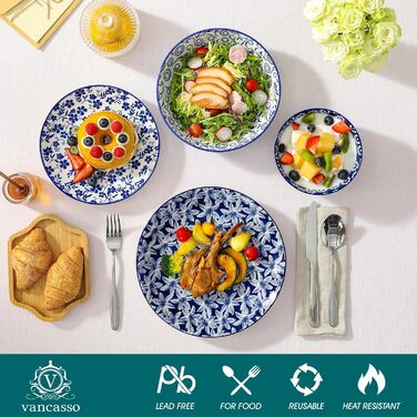 Набір посуду на 6 осіб Vancasso Selene 24 частини: тарілки, супові тарілки, салатники, миски. Керамічний сервіз з порцеляни, блакитно-білий.