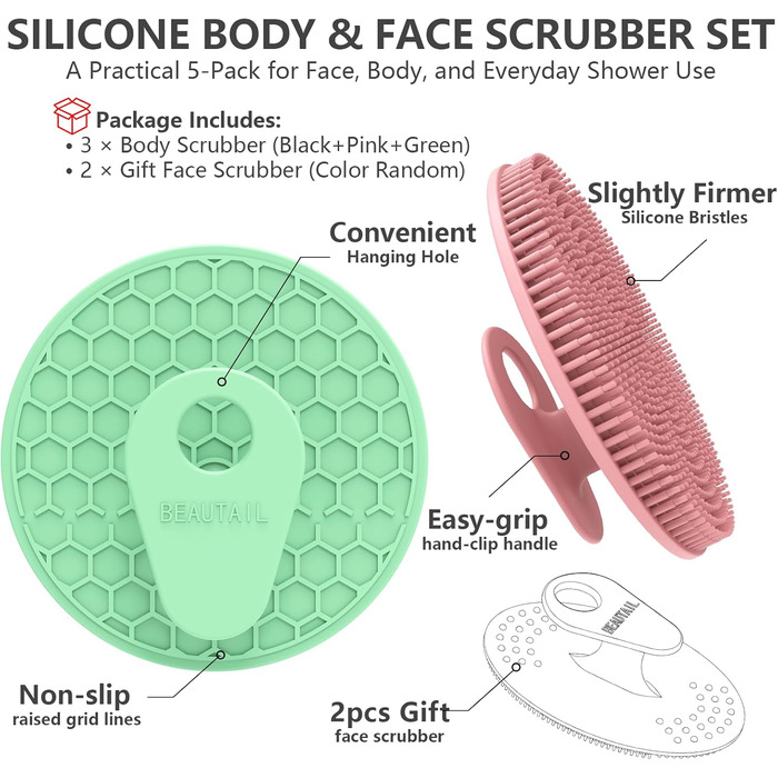 Силіконова щітка для тіла - скрабер для душу, м'які щетинки, для жінок, чоловіків, дітей, чутлива шкіра, 1 шт. (чорний+рожевий+зелений)