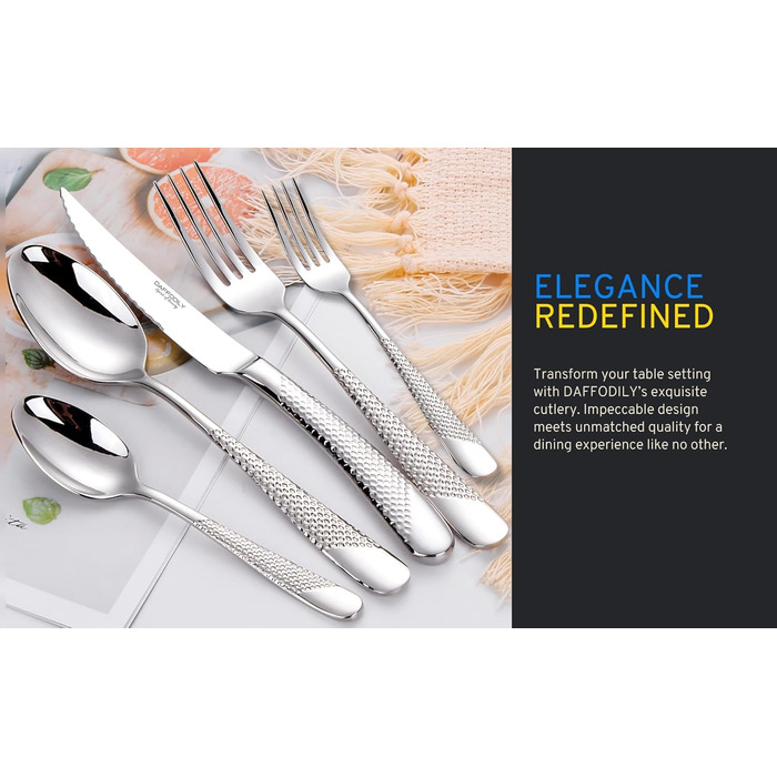 DAFFODILY Cutlery Set. Hammered 18/10 Stainless Steel Dinnerware. Mirror Finish, ultra-sharp steak knives, dishwasher safe. (Silver, 20)