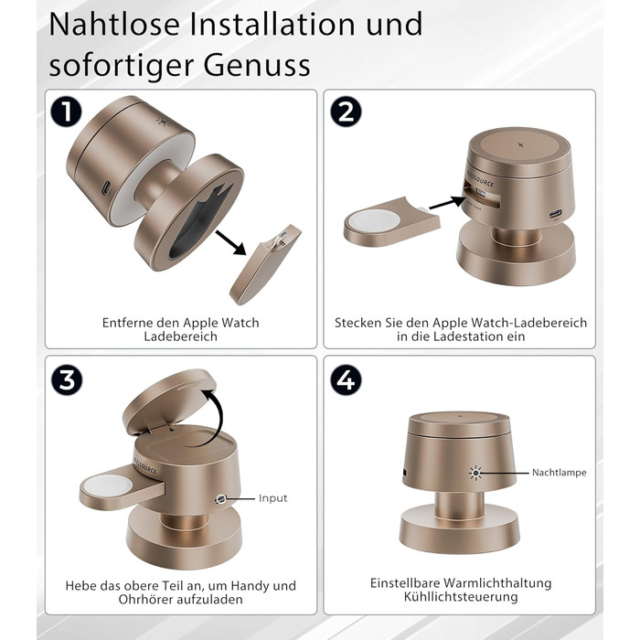 База для бездротової зарядки 4-в-1 для iPhone 17/16/15/14 Pro Max з нічним світлом, сумісна з Apple Watch та AirPods (Золота)