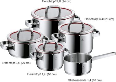 Каструля WMF Function 16 см з ручкою, без кришки, 1,4 л, з нержавіючої сталі Cromargan, 4 функції зливу, внутрішня шкала, червона, для індукційних плит