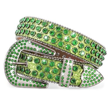 Жіночий шкіряний ремінь JasGood з камінням, стиль вестерн, ковбойський, з заклепками, для джинсів та штанів (Зелений, 135 см, підходить для розміру штанів 111-123 см)