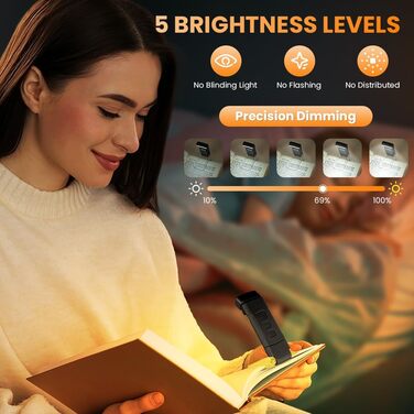 Кліпса-лампа для читання, перезарядна, 3 режими температури кольору, USB, гнучка 360°, для книг, в ліжко, для дітей та любителів читання (чорний)