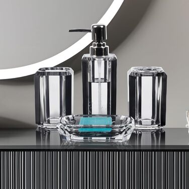 Набір аксесуарів для ванної кімнати з акрилу преміум-класу (4 шт.): диспенсер для миючого засобу, дозатор для лосьйону, мильниця, стакан для ополіскувача, стакан для зубної пасти (чорний, матовий)