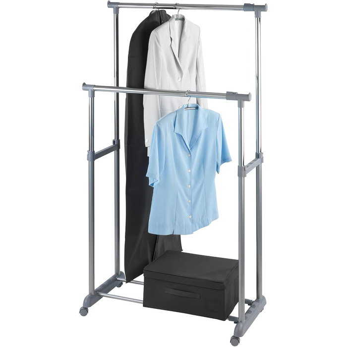 WENKO Clothes Rack, Folding, Clothes Storage with Adjustable Clothes Rod and Wheels, Plastic/Metal, 88 x 100-168 x 11-49 cm, Chrome/Grey (168 x 44 x 163 cm)