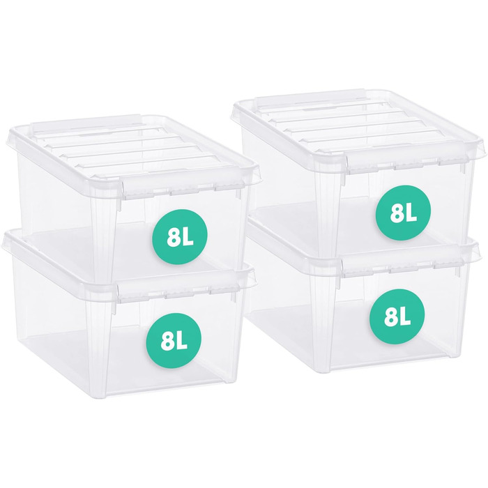 SmartStore - 4x Storage Box with Lid Classic 8L (34x25x16cm) | Stackable Box with Lid | Food-Safe Plastic Box | Plastic Box with Lid & Reinforced Corners | 10 Year Warranty