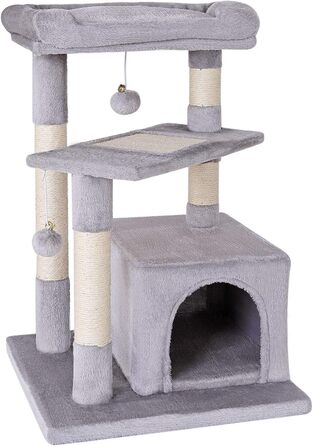 Котячий будиночок Lionto з лежанкою та печерею, 75 см, з сизалевого мотузка та плюшу, 2 м'ячики з дзвіночками, для кошенят та дорослих котів, сірий