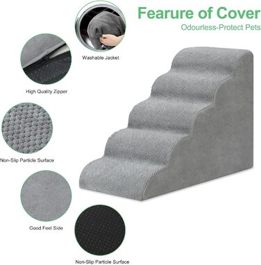 LIANTRAL Dog Stairs, 3 Steps Dog Staircase for Bed and Sofa, Made of High-Density Sponge, Cat Stairs Dog Ramp with Removable, Washable Cover and Pet Hair Remover Roller, 40 cm High (5 Steps Grey)