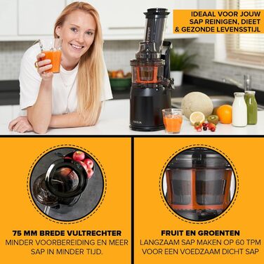 Fridja High-Performance Juicer for Whole Fruits and Vegetables, Sorbet, Ice Cream, 75mm Feed Chute with Wide Mouth, BPA-Free, 240 Watts, Cold Press, Black Stainless Steel f1900, Black