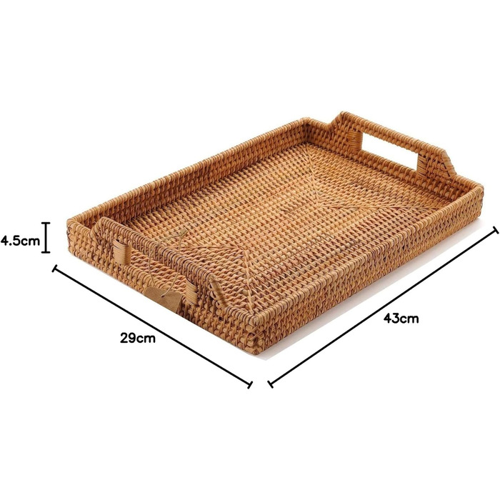 Rattan Serving Tray with Handles, Rectangular Tray from Rattan for Breakfast, Drinks, Snacks for Eating/Coffee Table (43 cm)
