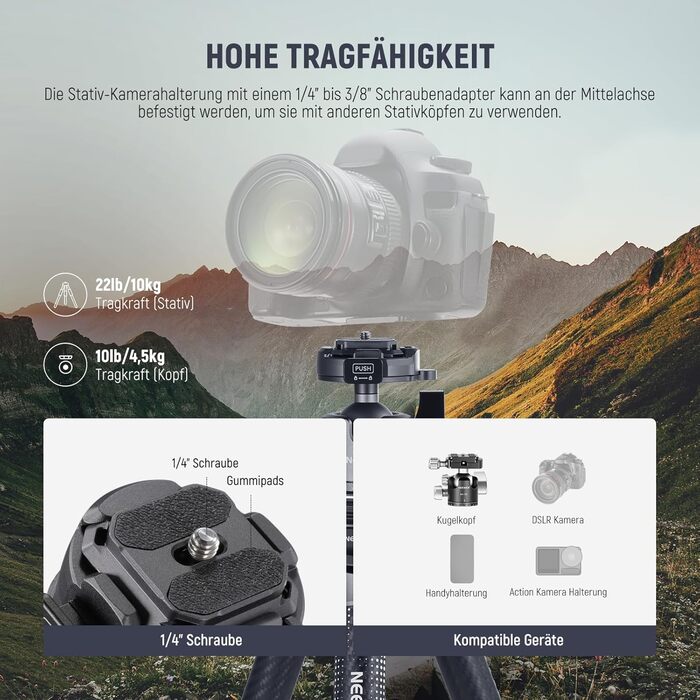 Карбоновий штатив NEEWER LITETRIP LT34 з панорамною головкою 360°, центральною колоною та швидким замком, сумісність з Peak Design Capture V3, макс. навантаження 10 кг