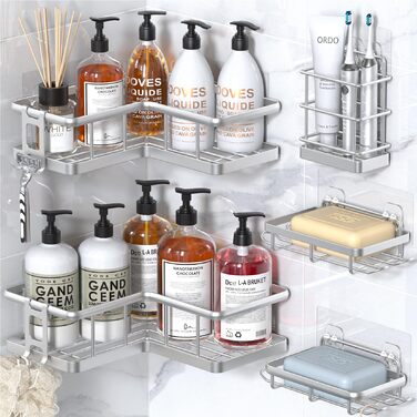 Органайзер для душу YASONIC (5 шт.), самоклеючий, нержавіюча сталь, полиці для ванної кімнати з мильничкою та 4 гачками, велика місткість, сріблястого кольору