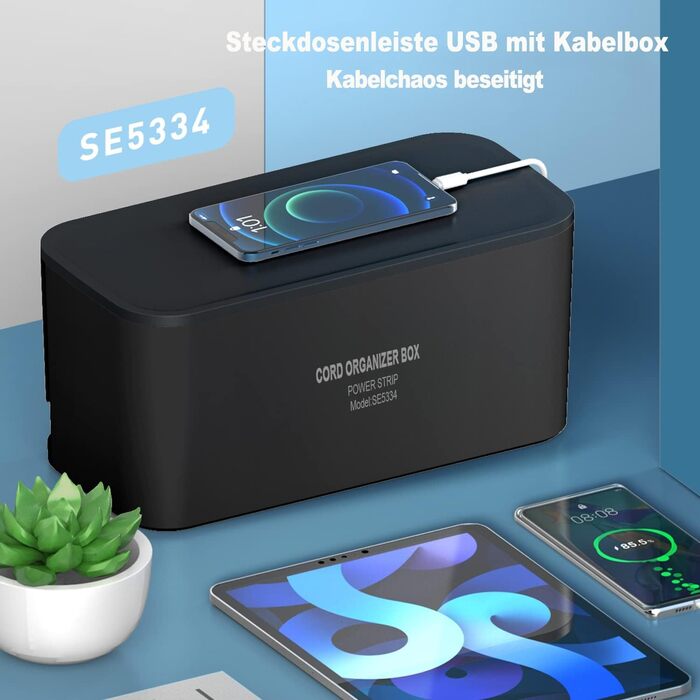 Многорозеткова смуга з кабельною коробкою, захист від перенапруги, 5 розеток, 3 USB, органайзер для столу, 29.5 x 14 x 14 см, кабель 2 м (5 м, чорний)