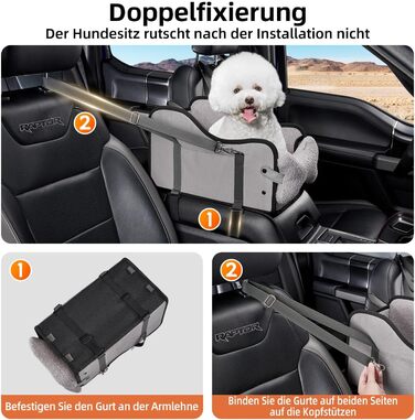 Автокрісло для собак та котів GGW | Безпечне автокрісло з подвійним кріпленням, водовідштовхувальне, з кишенями, швидка установка (сумісне з 99% підлокітників) (Сірий, стандартний стиль)