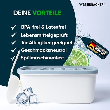 STEINBACHER® Premium Ice Cube Box | Large Ice Cube Container + Silicone Ice Cube Tray in Tested Food Grade Quality (Set) BPA-Free & Dishwasher Safe - Perfect for Drinks & Baby Food (Arctic Blue)