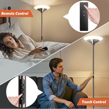 LED торшер BBHome для вітальні з регулюванням яскравості, 27W, з лампою для читання 6W, дистанційним керуванням та сенсором, 3000K-6500K, срібний