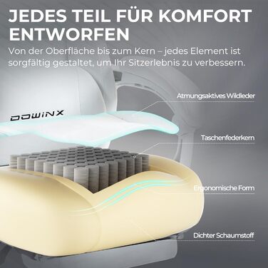 Ігровий крісло Dowinx з ергономічною підтримкою попереку, регульованою підголівником, потовщеним сидінням, висувною підніжкою, регульованими підлокітниками, мікрофібровим велюром, нахилом 160°, білий