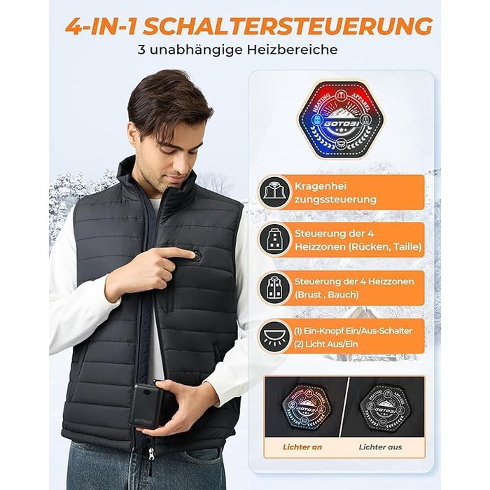 Тепла жилетка для чоловіків з Powerbank 16000mAh, 9 зон обігріву, 3 температурні режими, для активного відпочинку, чорна, L
