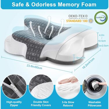 Elviros Orthopedic Memory Foam Pillow, Ergonomic Neck Support Pillow Sleeping Pillow for Neck Pain, Neck Pillow for Side, Back, and Stomach Sleepers, Grey