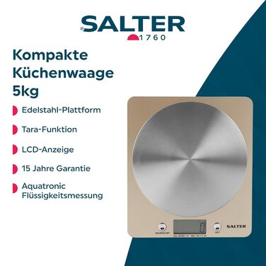 Кухонні ваги Salter 1036 BKSSDR: електронні, цифрові, до 5 кг, з функцією тарування, з нержавіючої сталі, вимірювання рідин (мл/fl. oz), LCD-дисплей