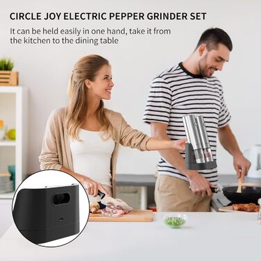 Електричні млини для солі та перцю CIRCLE JOY, набір з 2-х, нержавіюча сталь, подвійна зарядна станція, біле LED-підсвічування, регульований помел