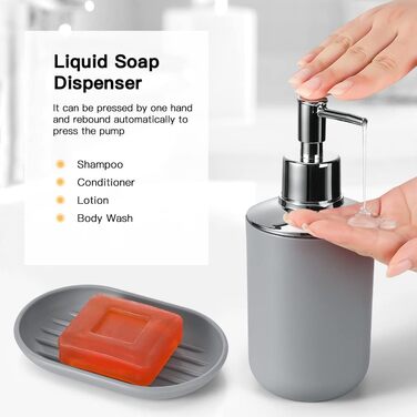 Набір аксесуарів для ванної кімнати Otostar сірого кольору: бамбук, тримач для ватних паличок, дозатор мила, тримач для зубних щіток, миска для мила, тримач для унітазу, сміттєвий бак, пластик (6 предметів)